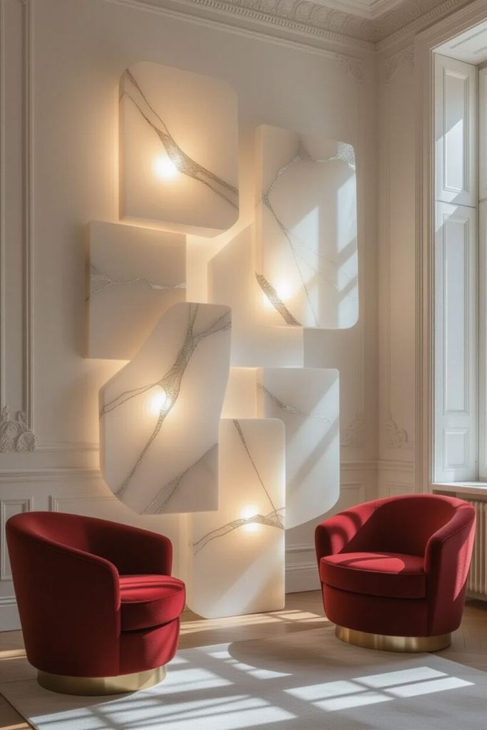 Reflective surfaces fracture light creating visual illusions.