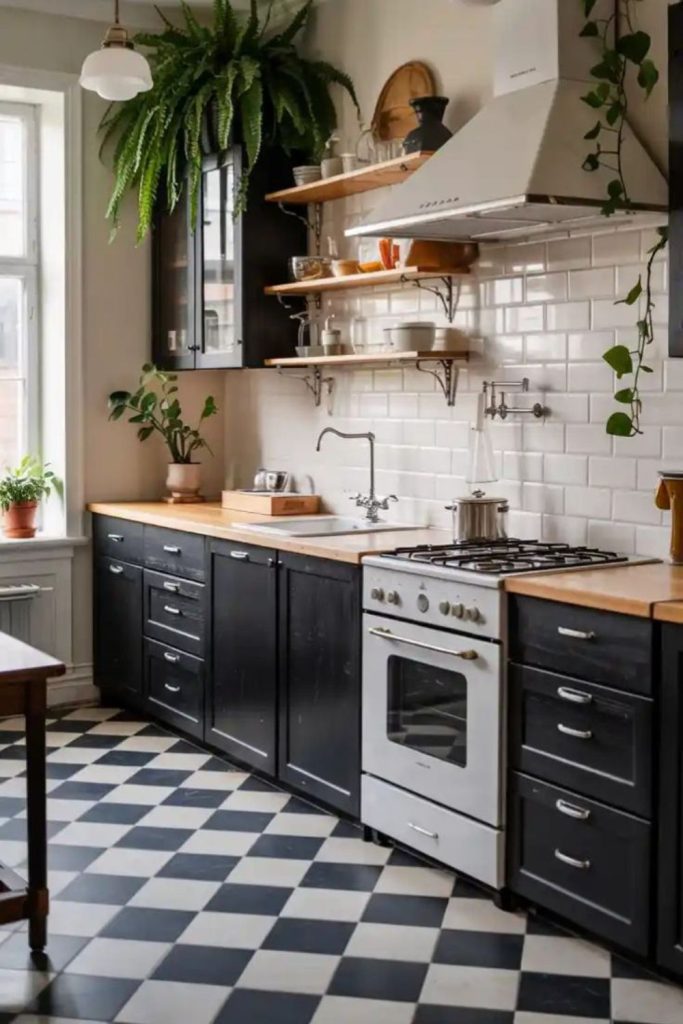 Bold black and white patterned flooring retro.