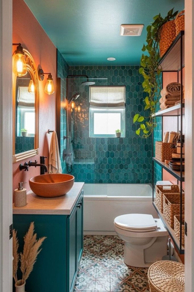 Vibrant neon accents in tiny bathroom