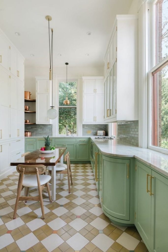 Vintage pastel kitchen with checkerboard floors