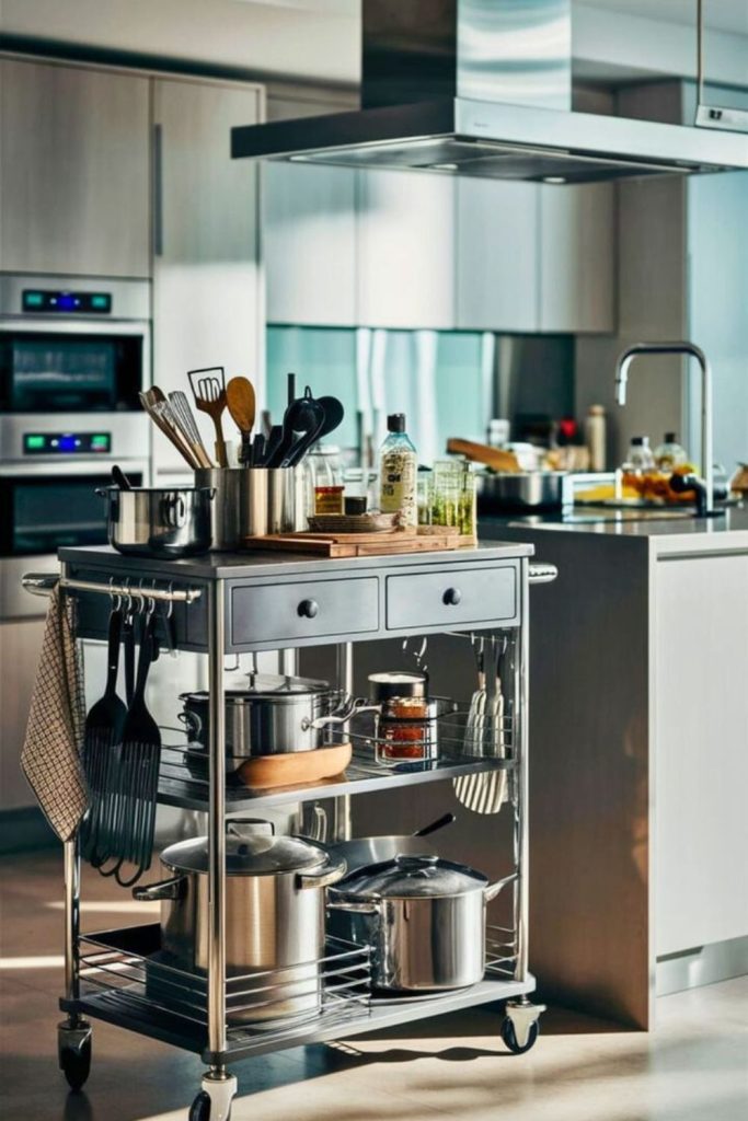 Mobile cart stores kitchen items efficiently.