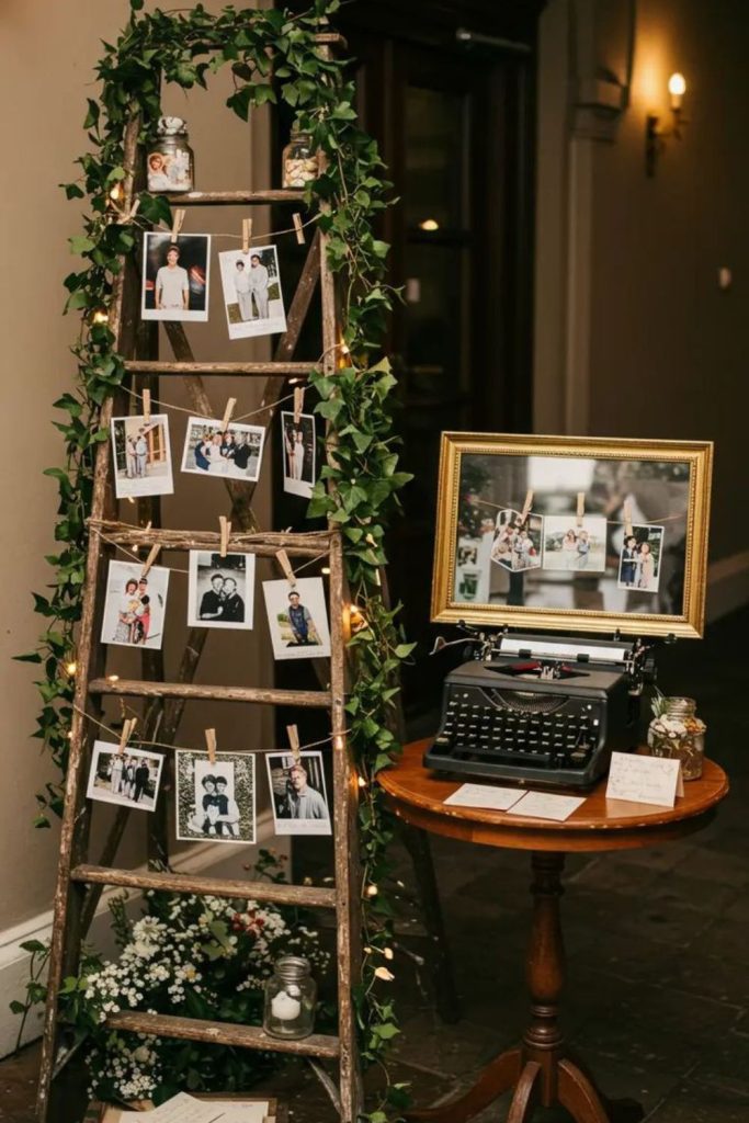 Ladder adorned with photo frames.