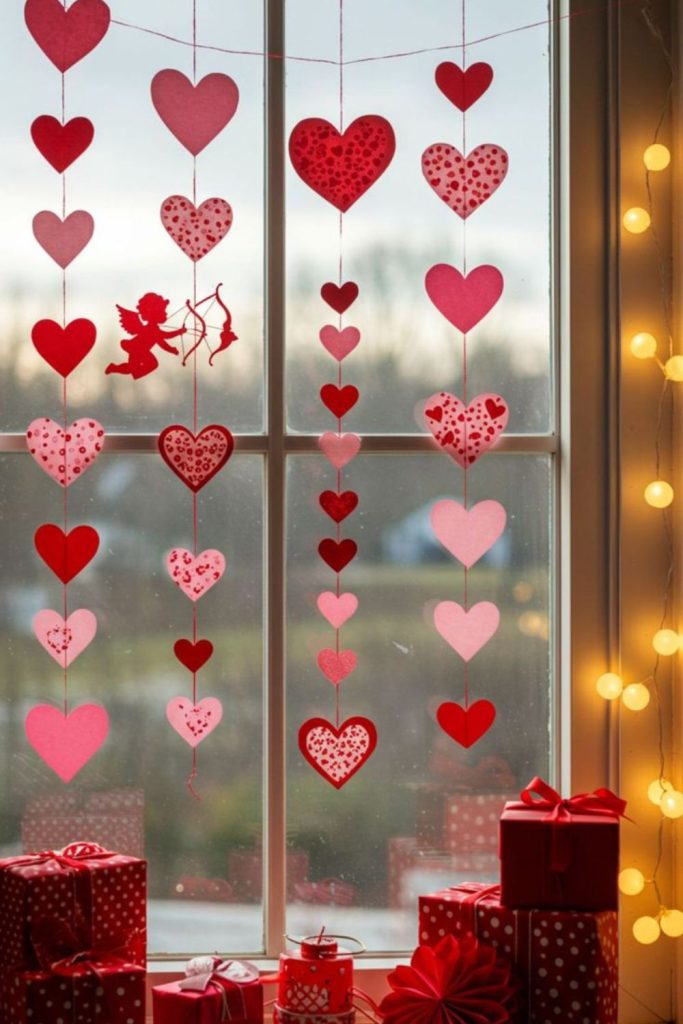 Heart shapes projecting shadows on windows.