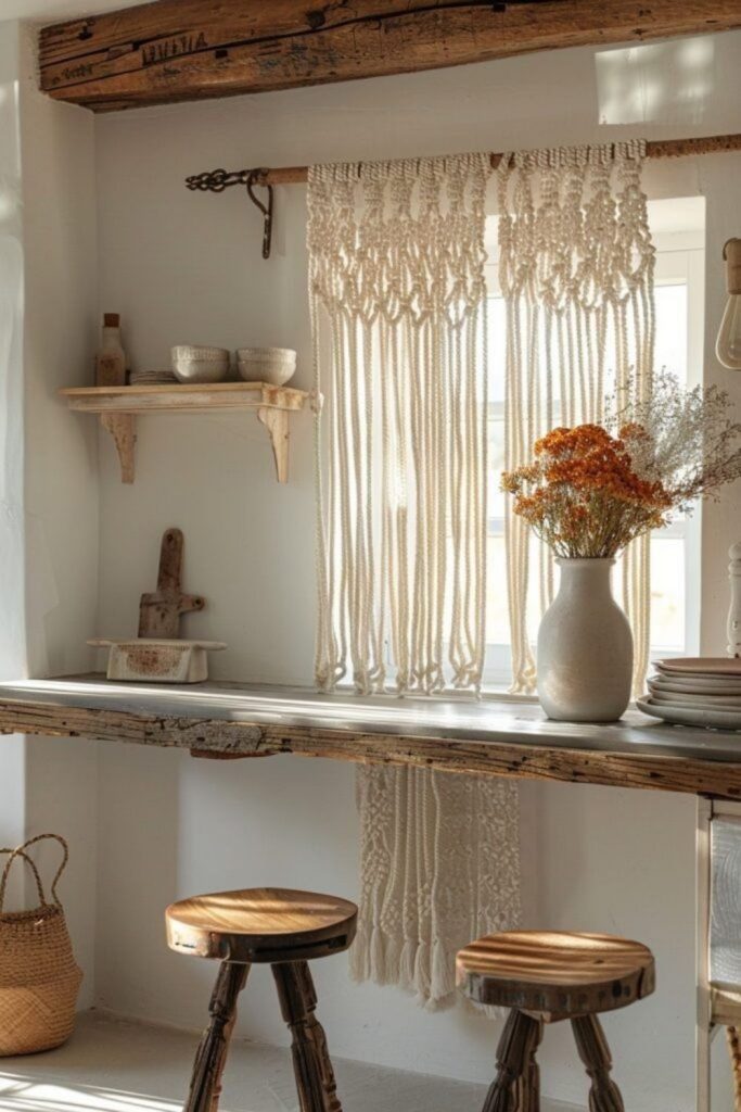 Window frame wrapped in thick rope