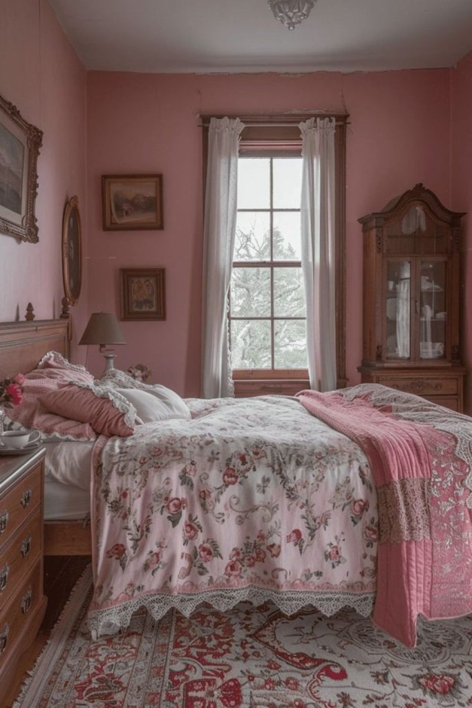 Rose accent bedding in vintage room