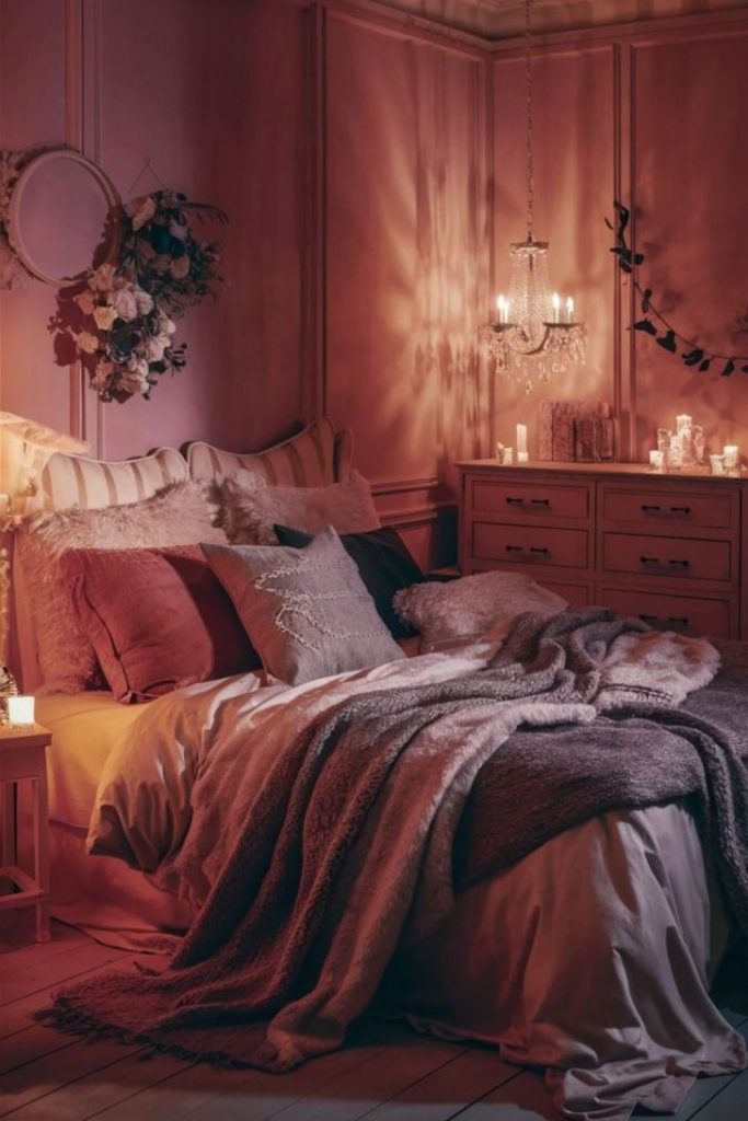 Rose toned bedroom with candlelight