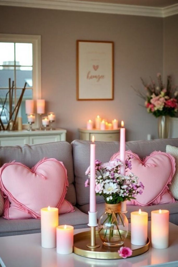 Pink candles with rose petals glowing warmly.