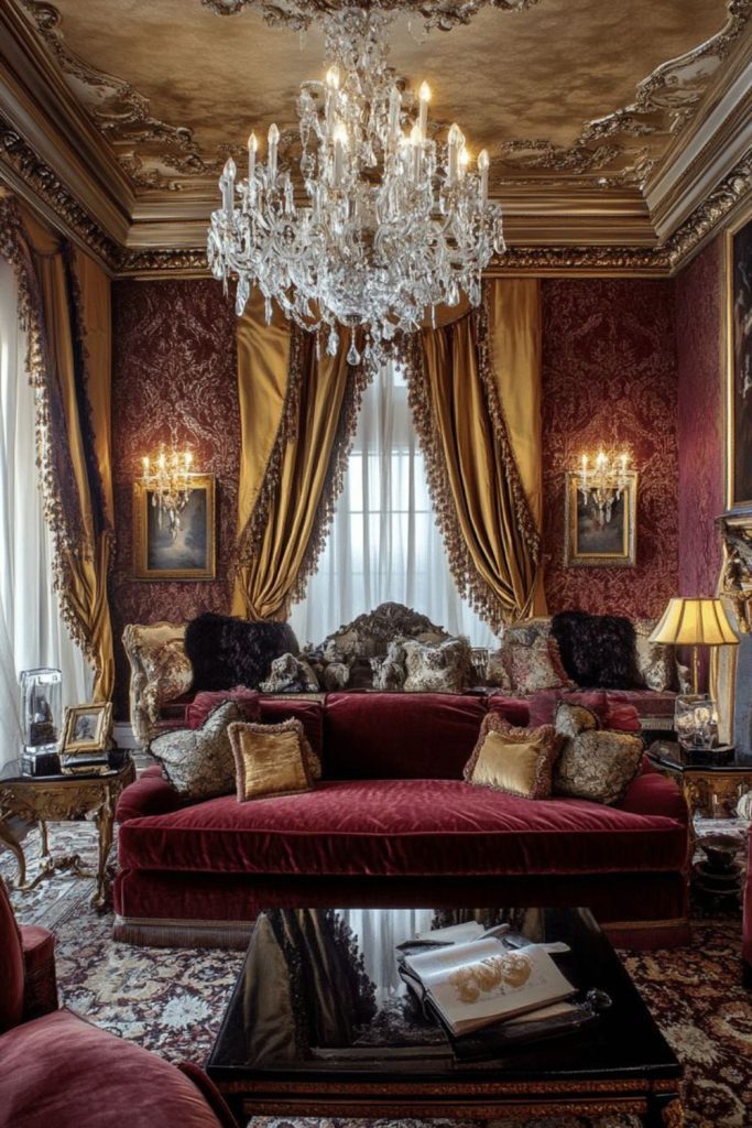 Red velvet opulent warm luxury space.