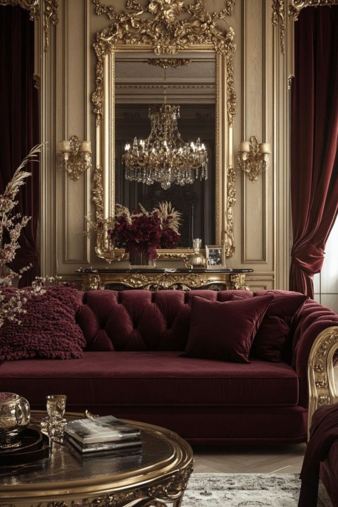 Rich red velvet cozy opulent lounge.