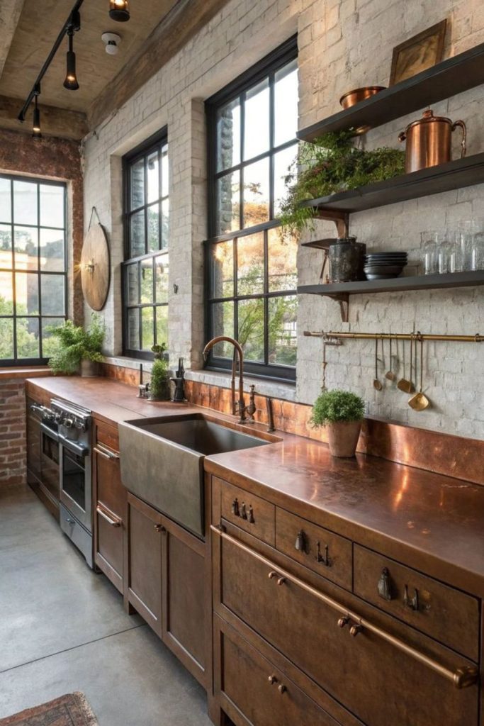 Industrial metal countertops with rugged rustic charm.