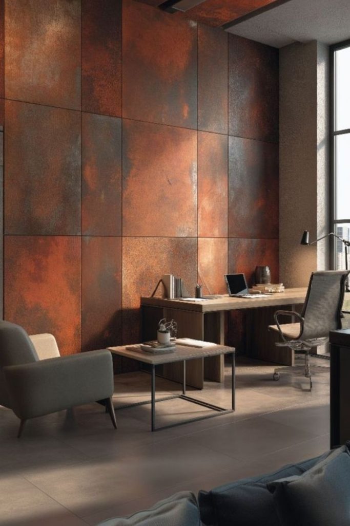 Jagged metallic panels create industrial wall art.