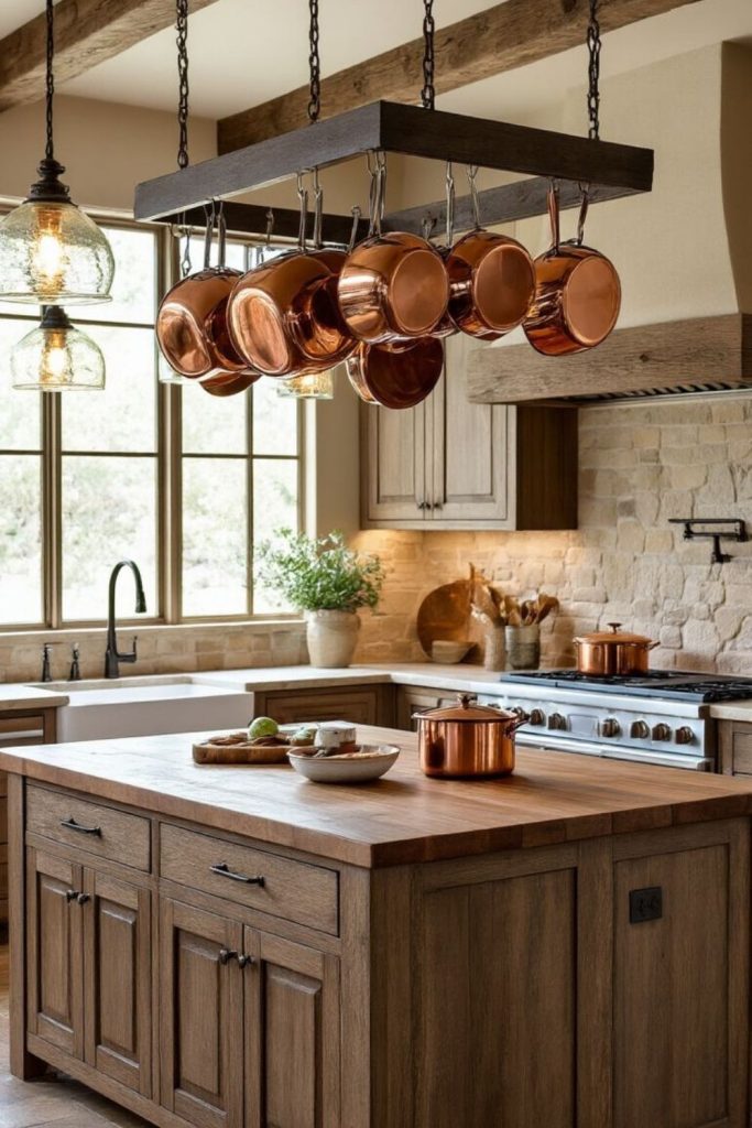 Warm rustic kitchen with copper pots