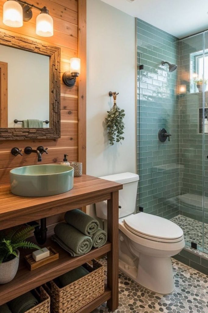 Cozy rustic wooden small bathroom