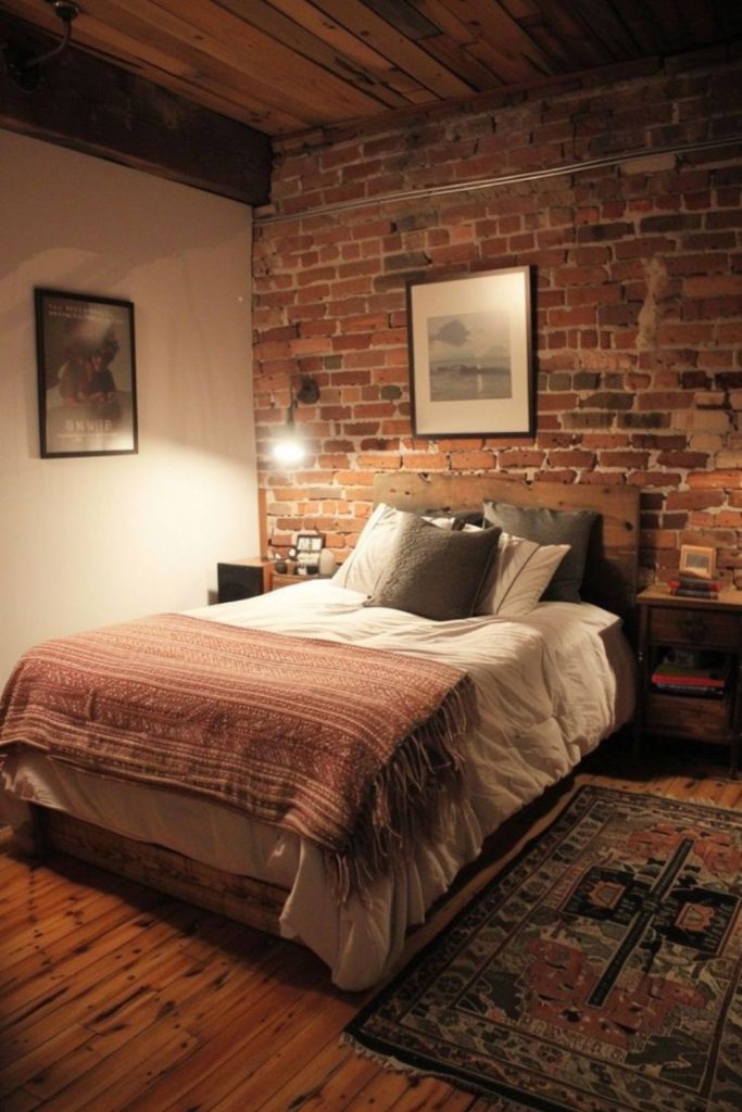 Brick wall, low mattress, sparse furniture