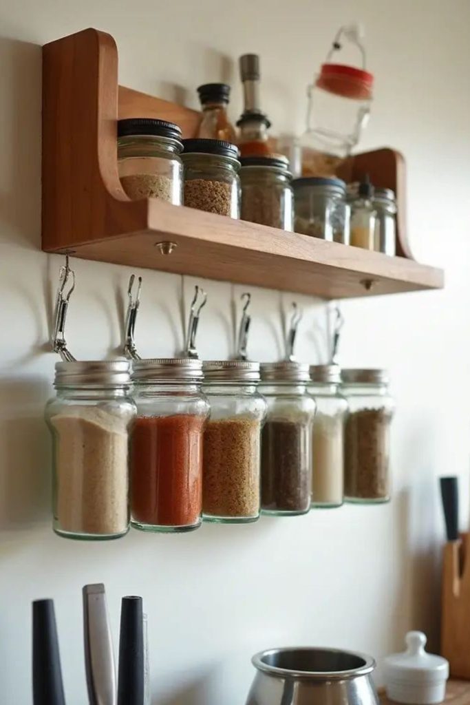 Wooden spice rack holding colorful jars