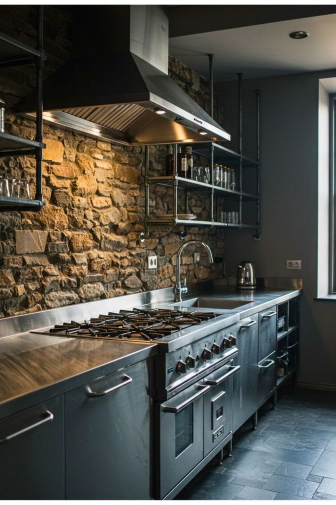 Rough stone stove surround creating earthy warmth.