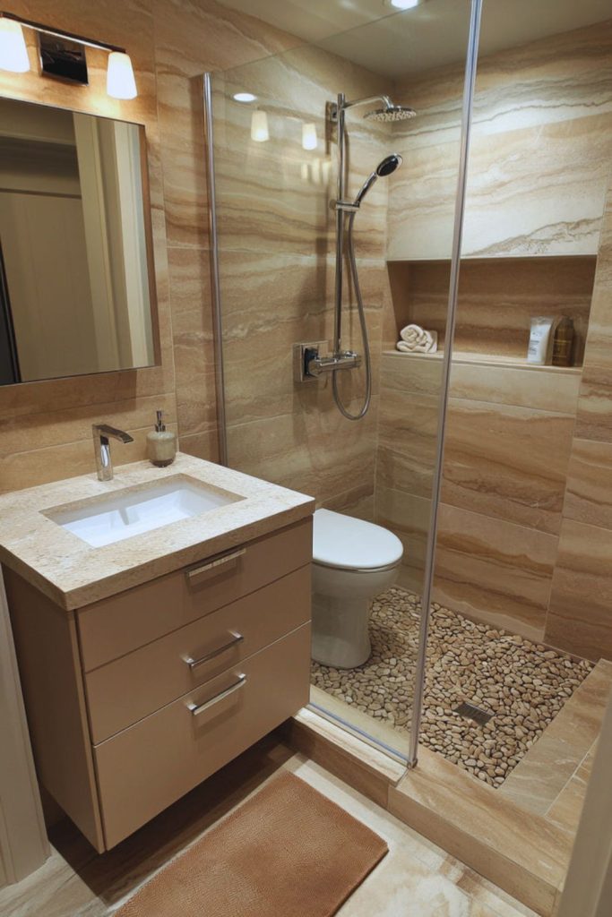 Natural stone cozy tiny bathroom