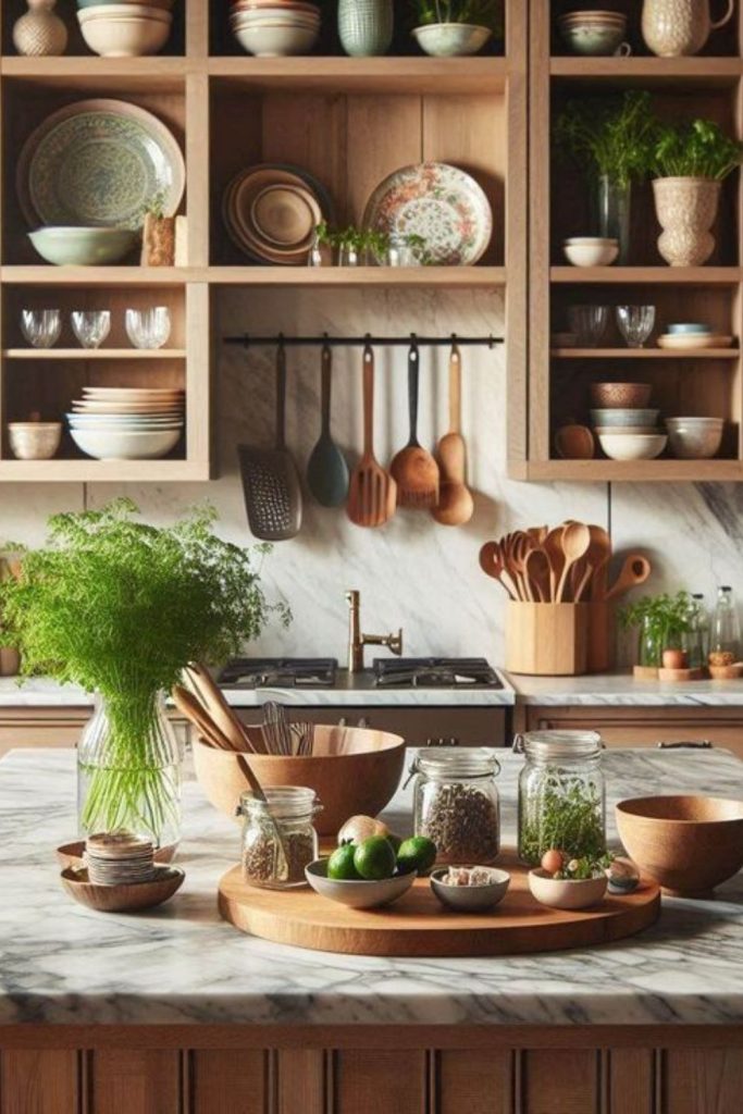 Chunky wooden island with cozy accents.