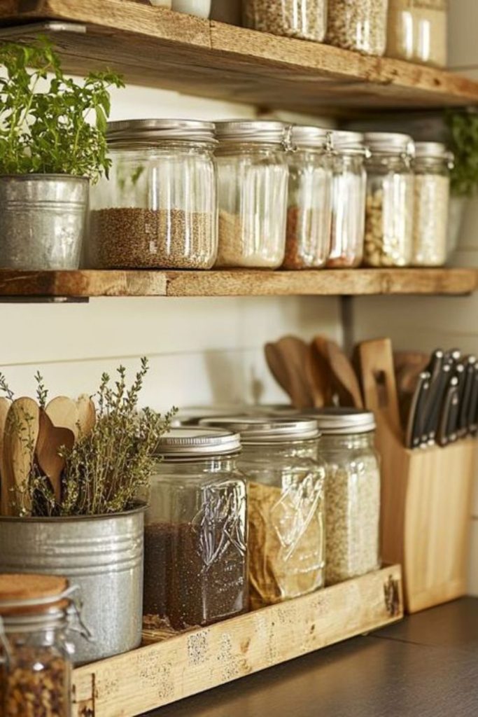 Wooden blocks and jars create rustic vibe.