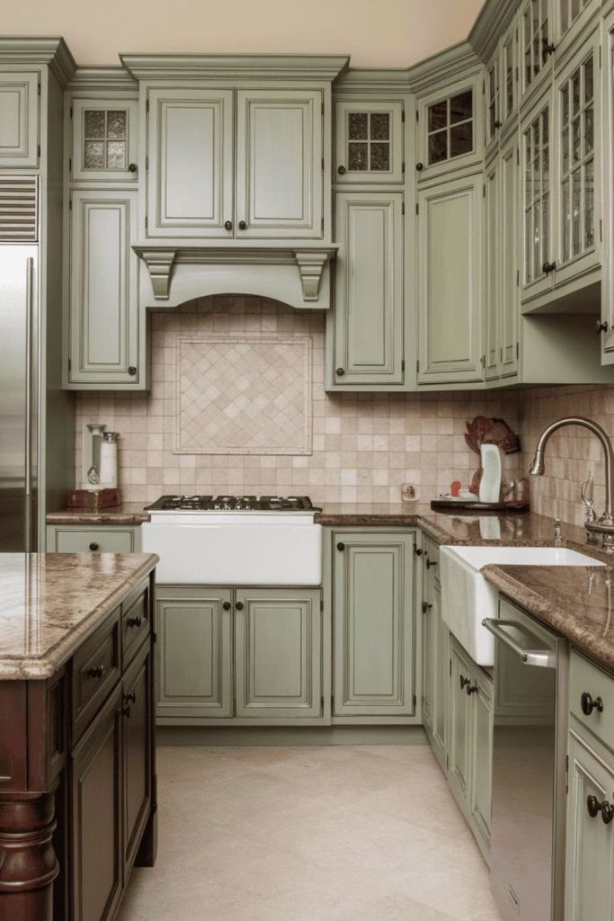 Sage cabinets stone antique kitchen