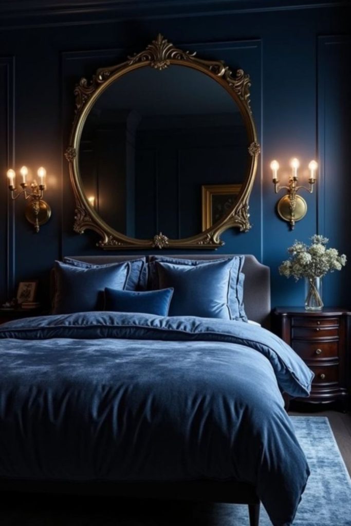 Deep blue serene glamorous velvet room.