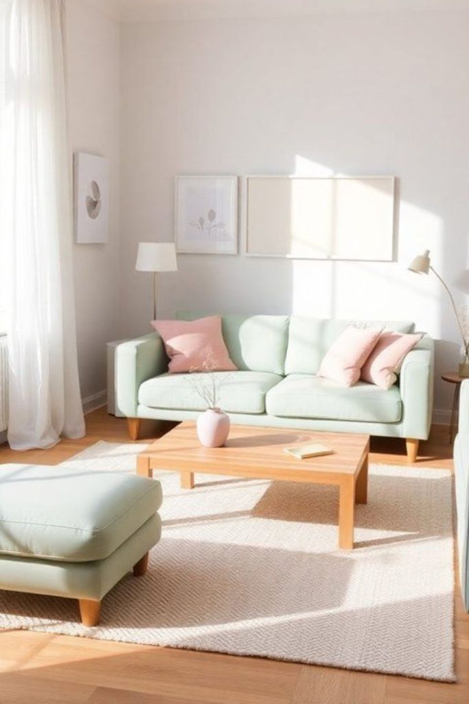 Bright Scandinavian living room with pastels.