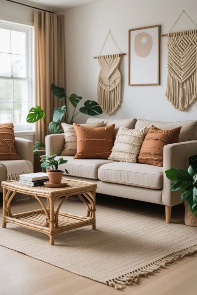 Pale wood, layered rugs, soft cushions