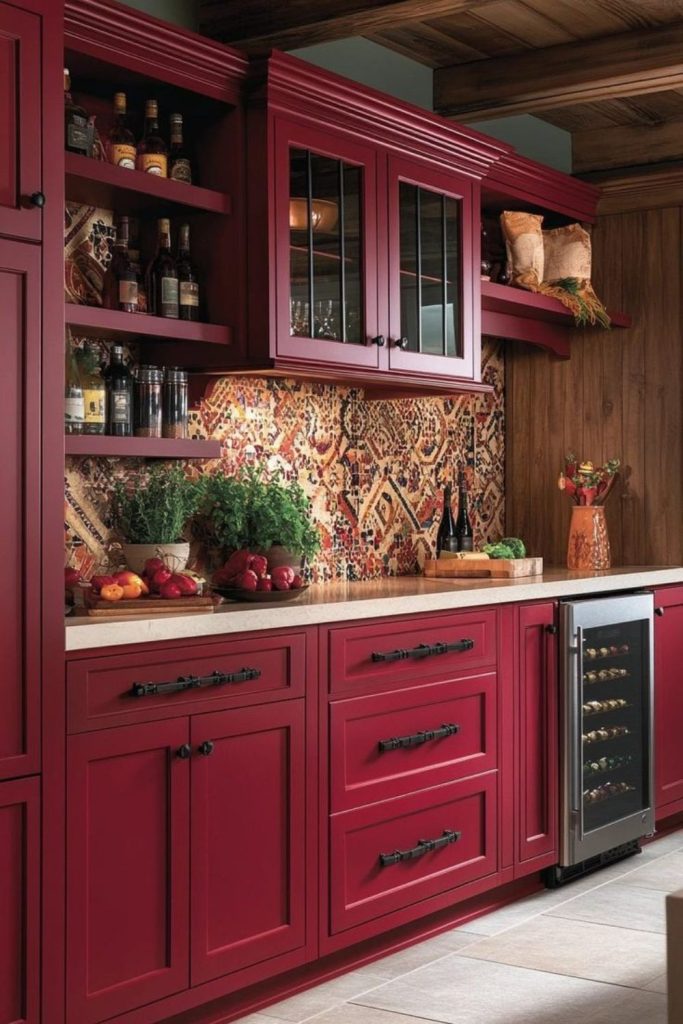 Crimson panels antique cozy kitchen