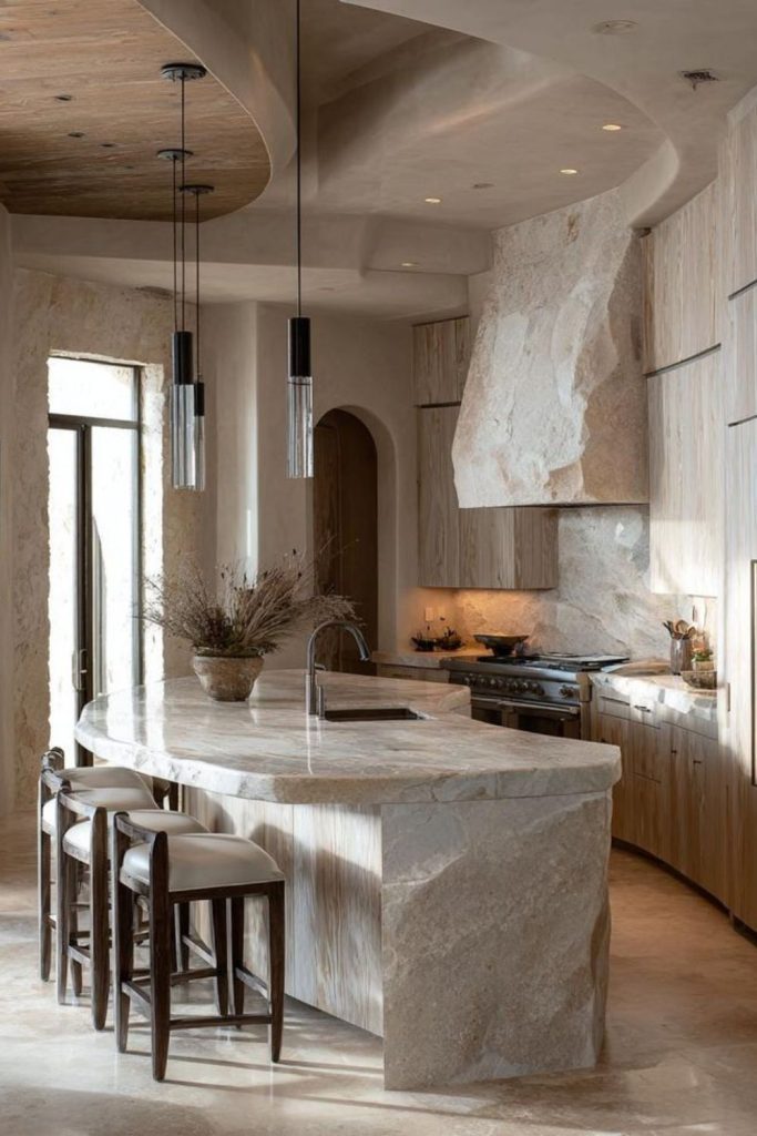 Artistic range hood resembling flowing molten sculpture.