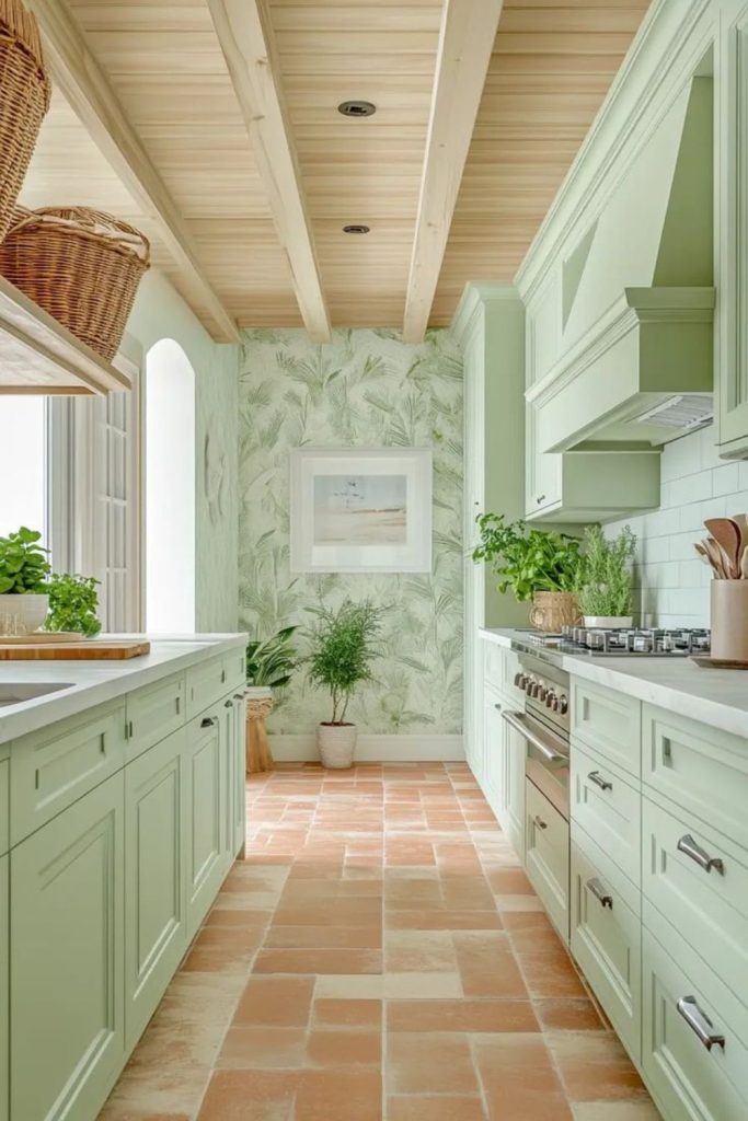 Seafoam green coastal kitchen atmosphere.