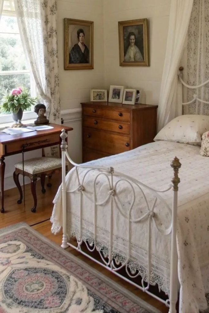 Sepia toned bedroom with lace curtains.