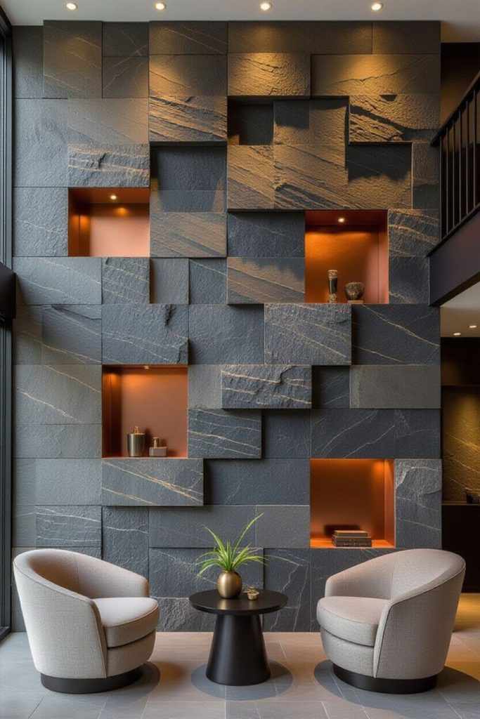 Cubical shadow boxes create dimensional wall effect.
