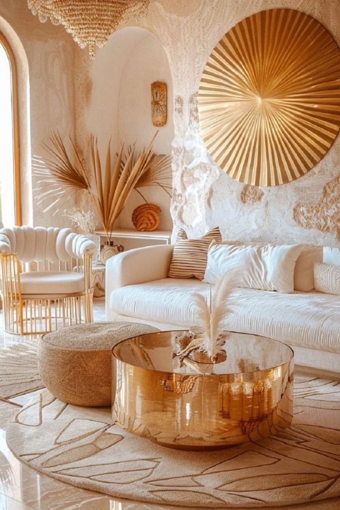 Golden luxurious space with crystal accents.