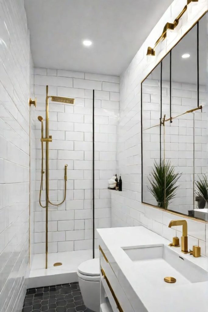 Metallic accents in compact bathroom