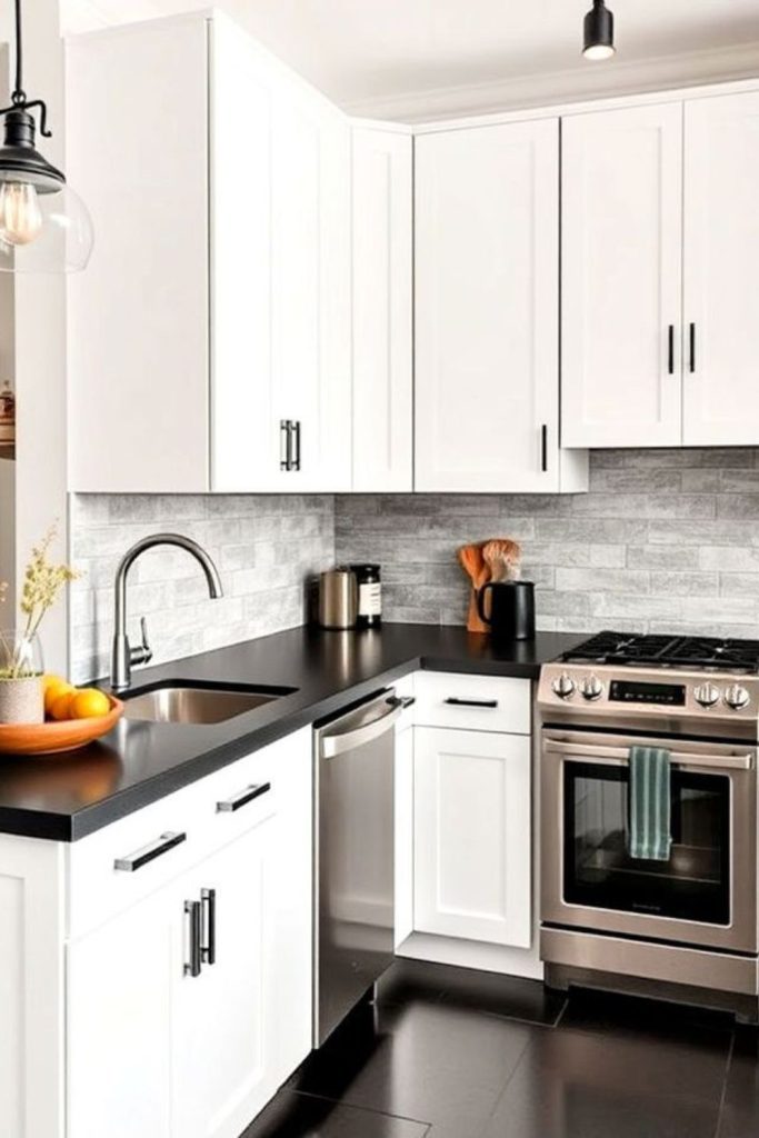 Bright cabinets float over dark surfaces.