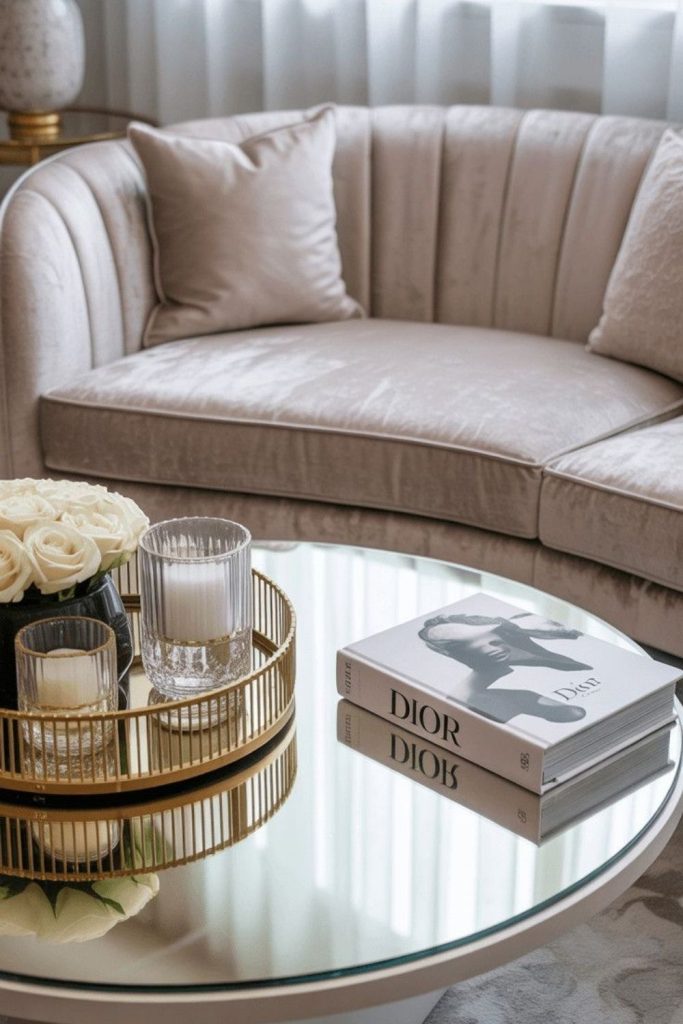 Soft glam round coffee table decor