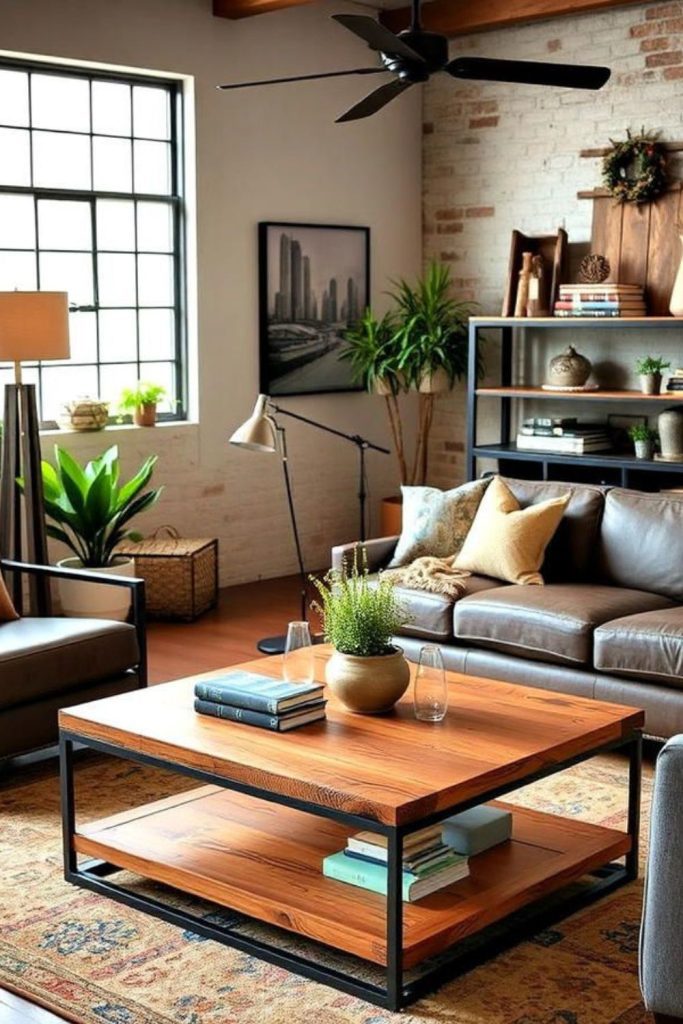 Soft industrial lounge with leather furniture.