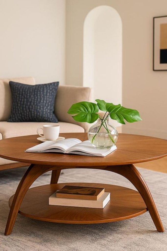 Retro teak round coffee table decor