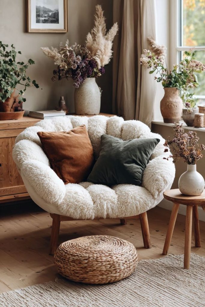 Sunlight-filled cozy stone corner interior.
