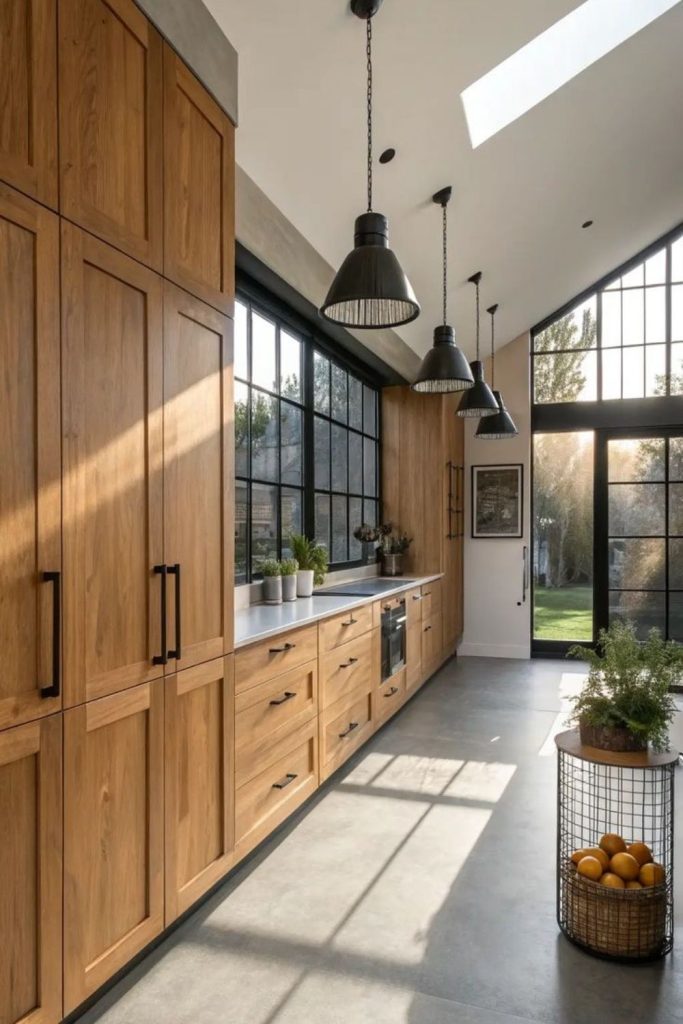 Sunlit kitchen with oak cabinets