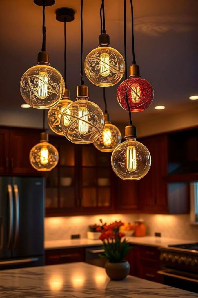 Radiant glowing pendants creating cosmic light display.