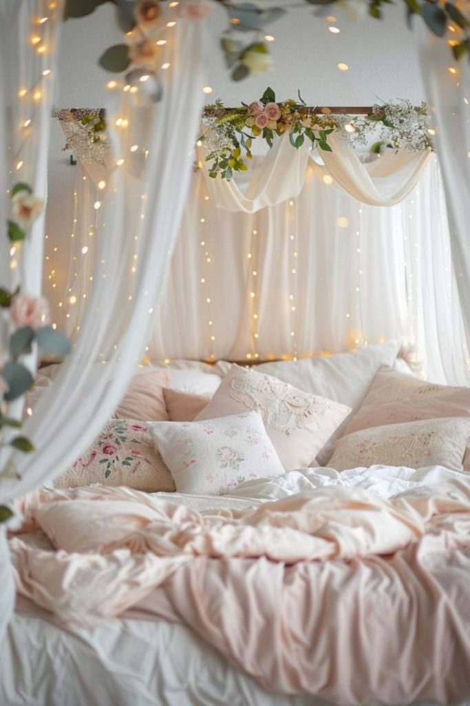 Sheer canopy bed with layered cushions
