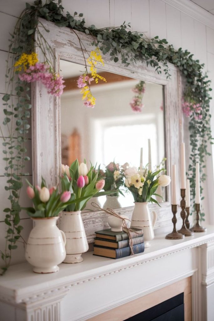 Floral mantel with candles and figurines