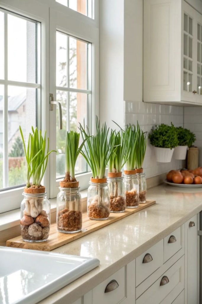 Ceramic pots stacked along window edge
