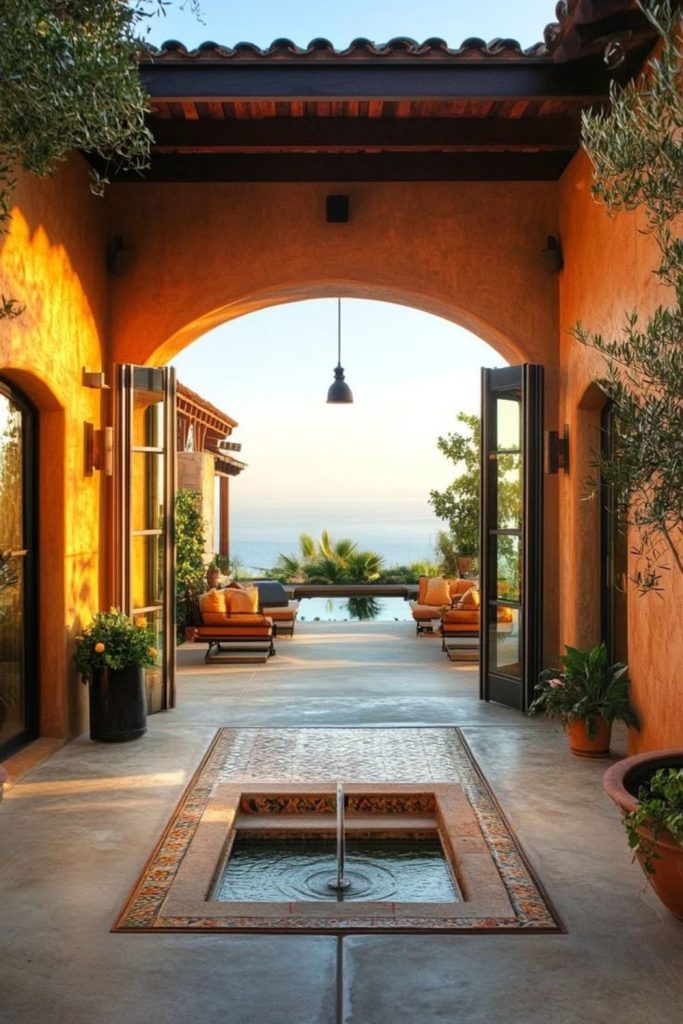 Arched courtyard under warm sunlight