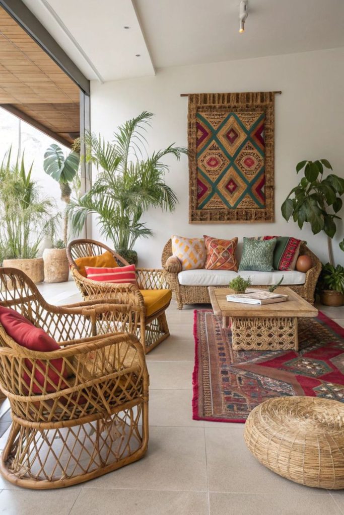 Rattan furniture layered rugs sunlit