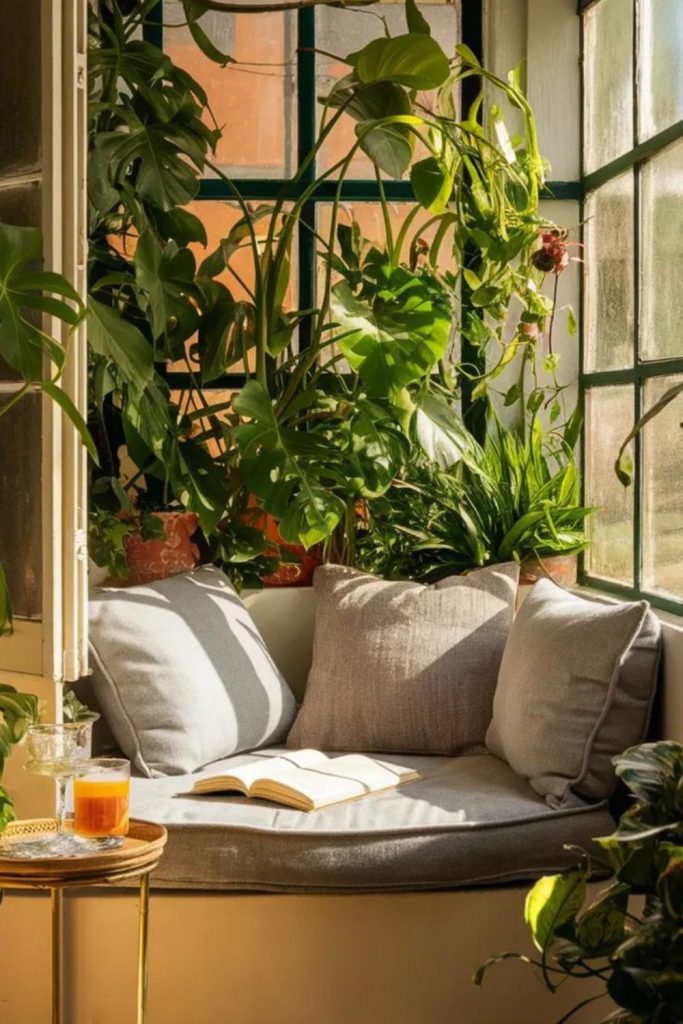 Cozy reading corner with sunlight patches