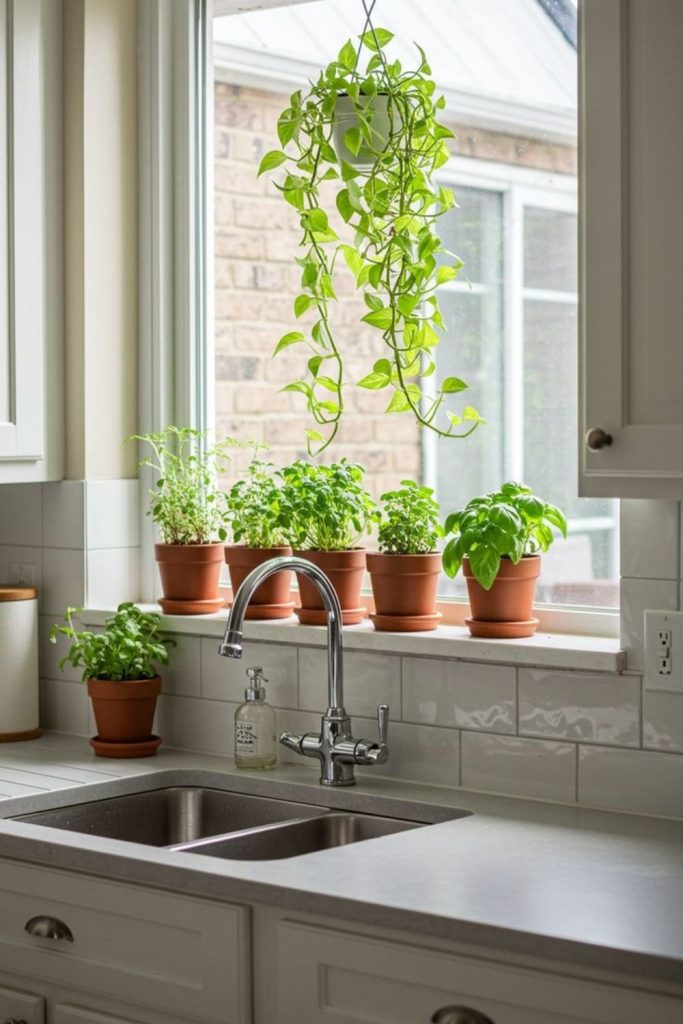 Wooden ledge with sunlit fresh herbs