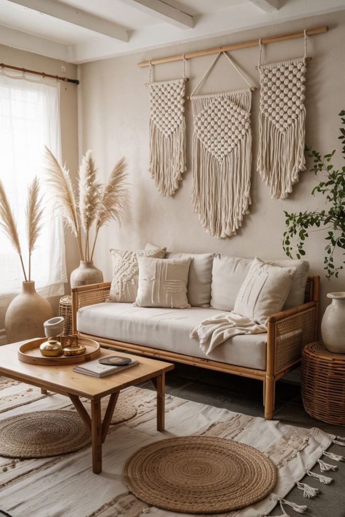 Boho macramé wall sunlit cozy lounge