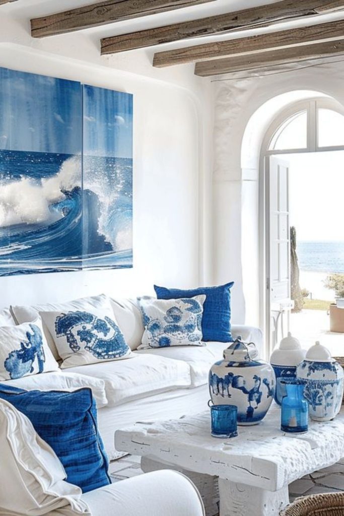 Whitewashed walls with cobalt tiles